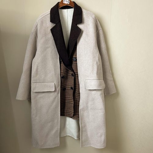 品牌订单冬季女士100%绵羊毛中长款翻领西装领大衣风衣撞色外套