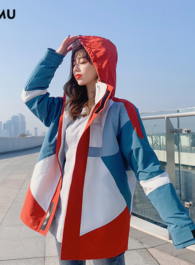 UhMu拼色滑雪服冲锋衣女三合一可拆卸2026新款冬潮牌加绒加厚外套