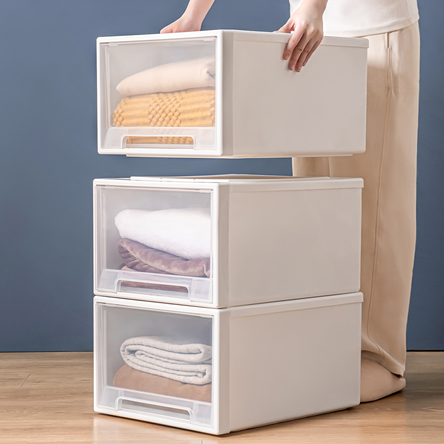 洋洋鱼收纳箱透明抽屉式整理箱家用内衣物塑料多层大号白色收纳盒
