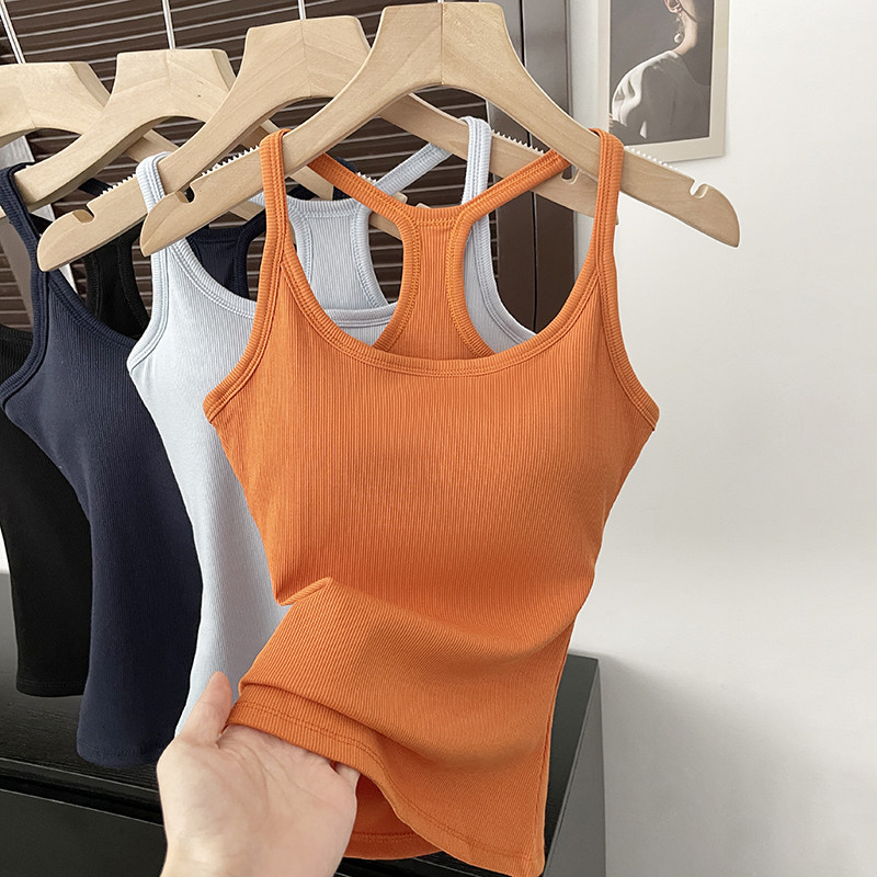 U-Neck Halter Top with Chest Pads, Camisole for Women, Summer Outerwear, Racerback, Beautiful Back, Integrated Bra, Sleeveless Inner Wear