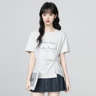 T恤女2025夏新款 灰色不规则圆领短袖 小众设计感收腰正肩体恤上衣