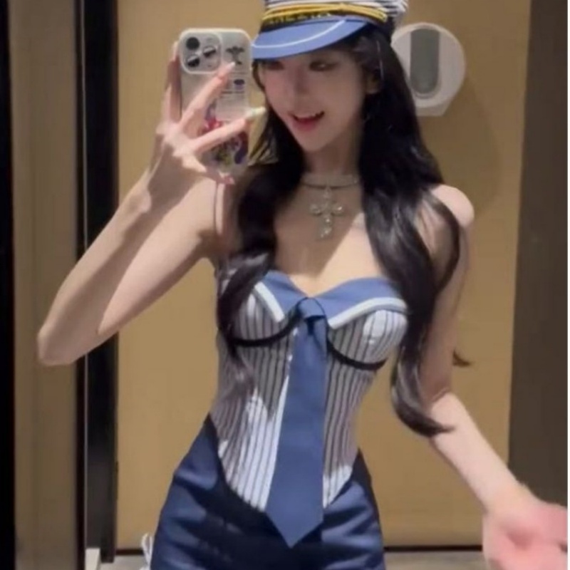 航海日记夏季修身显瘦纯欲辣妹水手服吊带抹胸上衣+半身裙套装女