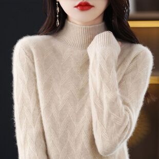 针织高领2024纯羊毛秋冬内加厚上衣半 100搭女大码 毛衣打底衫 新款
