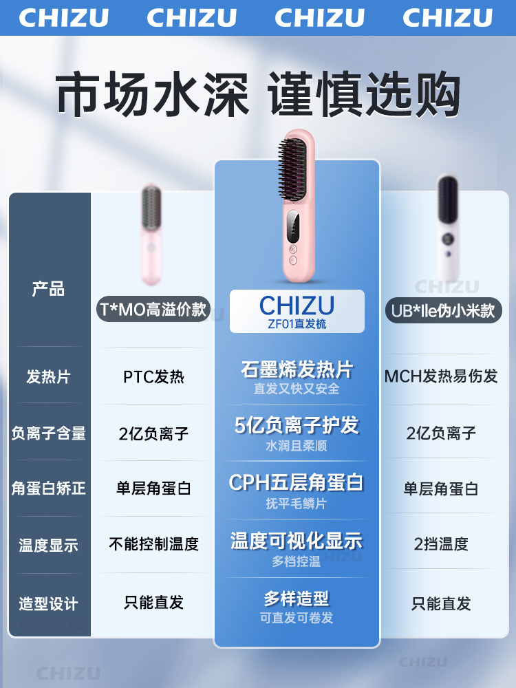 驰族无线直发梳负离子不伤发迷你电梳子卷直两用便携式造型神器充