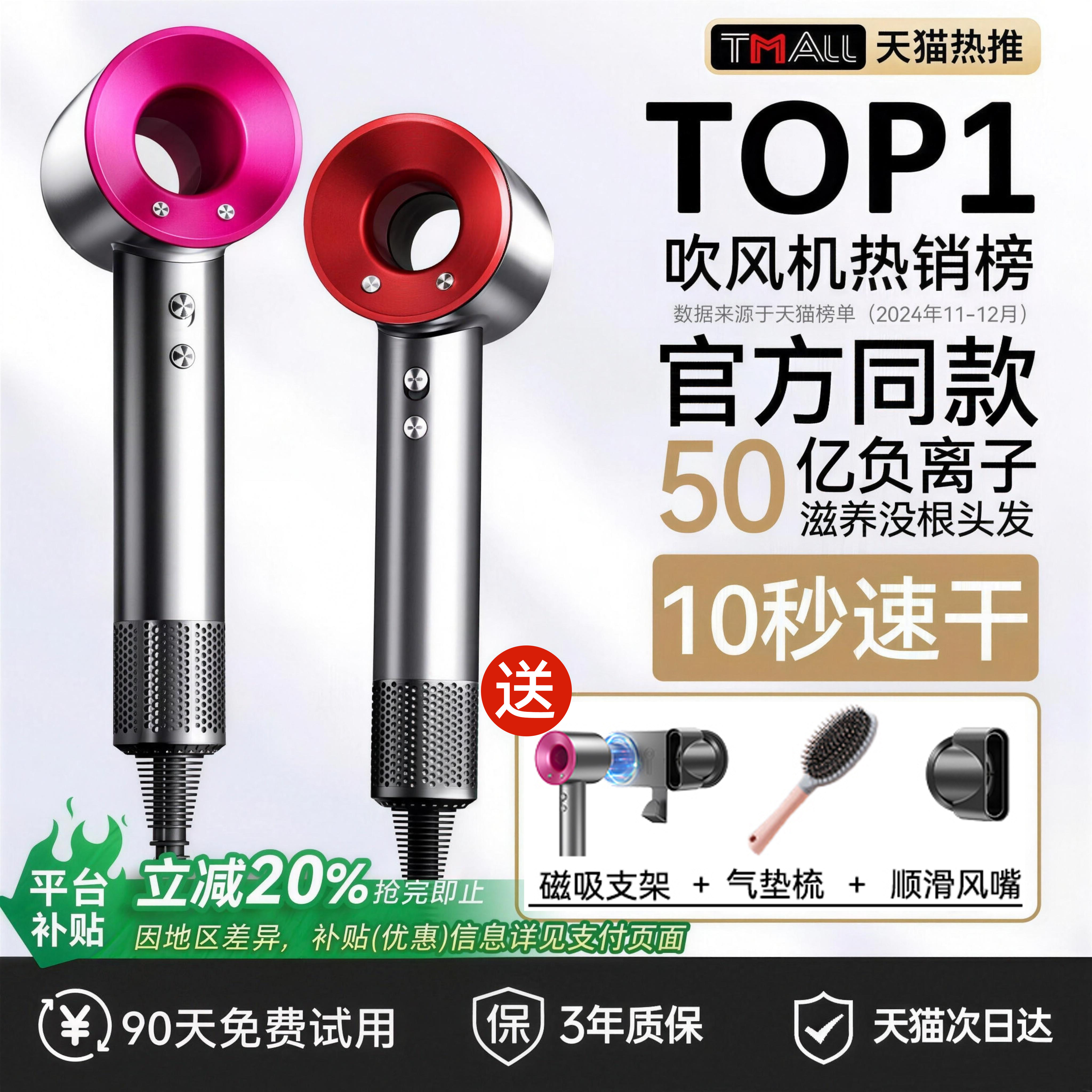 电动吹风机负离子护发静音速干家用高速大风力强力宿舍吹头发风筒