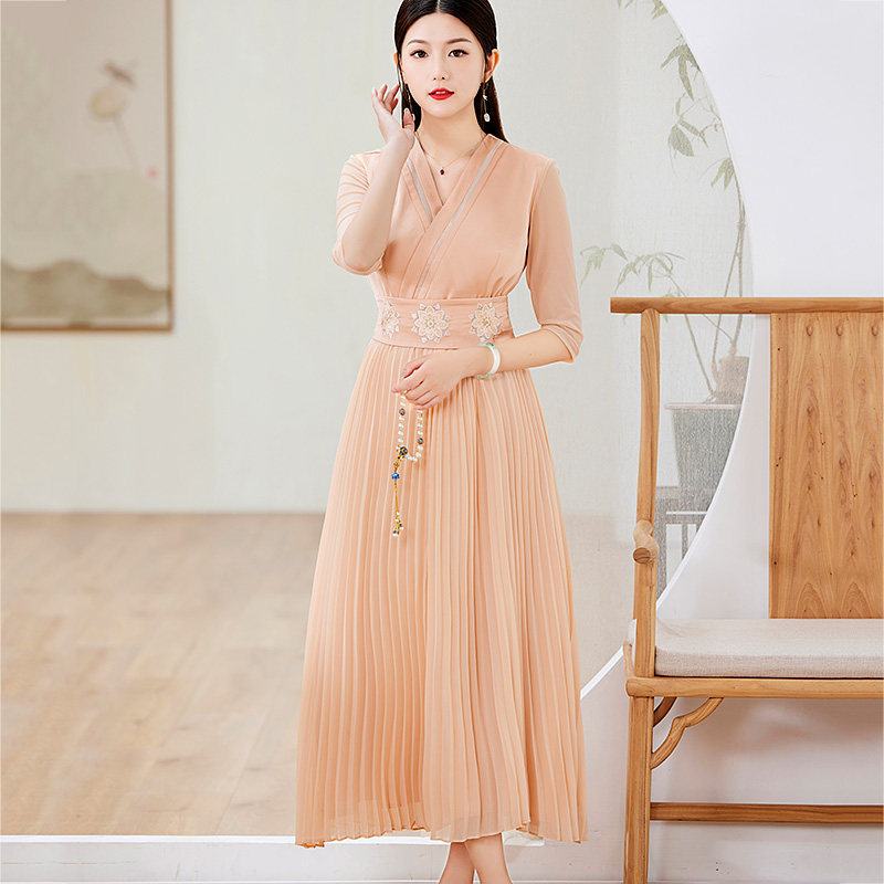 汉元素连衣裙国风中式改良汉服女成人仙气禅意茶服夏款气质百褶裙