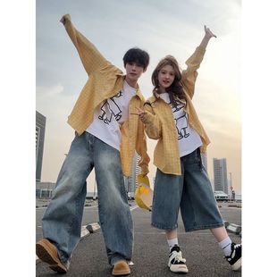 百搭衬衣宽松休闲防晒外套 夏季 韩系覆古慵懒宽松黄色格纹衬衫 女装