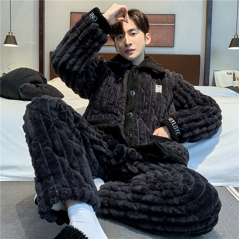 睡衣男款冬季珊瑚绒三层夹棉套装