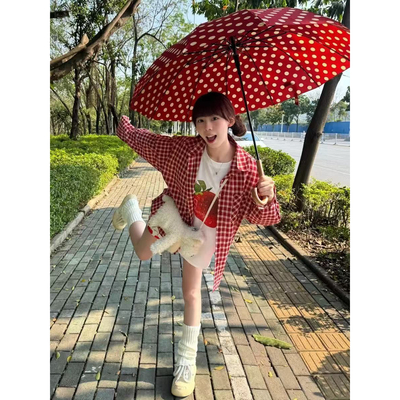 韩系红色格子防晒长袖衬衫女夏季薄款宽松慵懒风休闲百搭衬衣外套