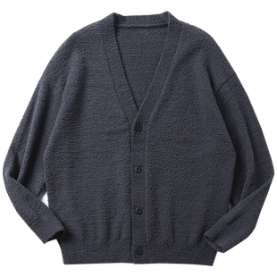 KUYIOU/泰迪绒感圈圈纱 羊毛混纺宽松落肩袖道袍V领针织开衫男