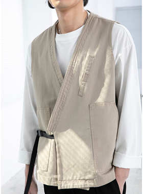 KUYIOU早春/CITYBOY斜搭扣道袍领 重磅骑兵斜日系复古宽松马甲男