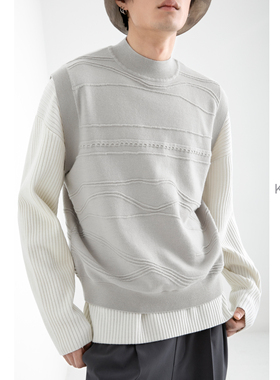 KUYIOU/立体山脊提花 精纺纯羊毛宽松H型套头针织马甲背心男 B01
