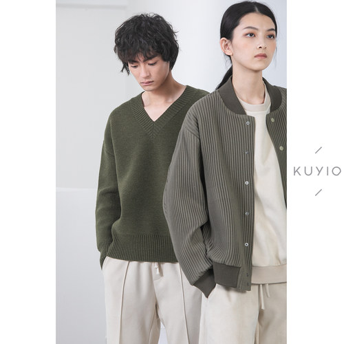 kuyiou设计师柔软大v领套头毛衣