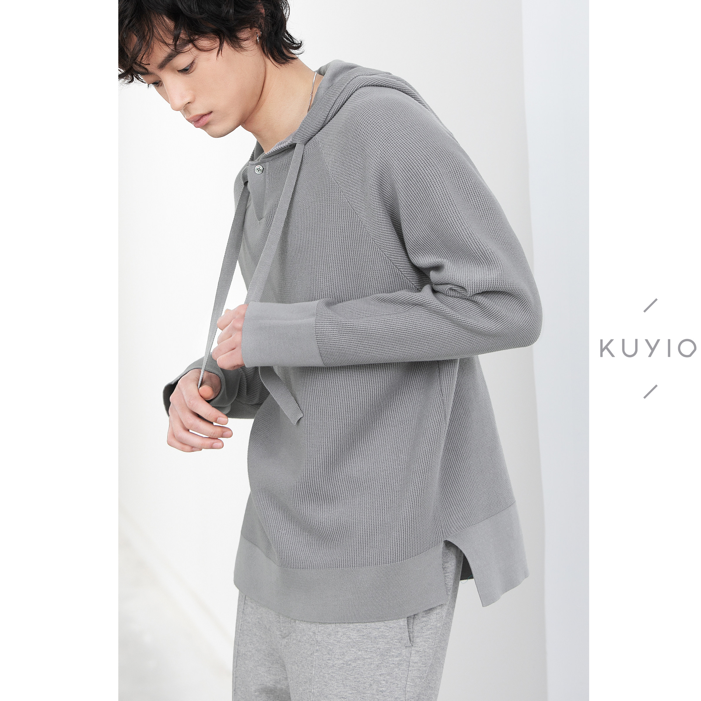 KUYIOU/12G细华夫格 丝光棉插肩袖宽松针织衫纯棉连帽卫衣男,男装,卫衣,淘宝优惠券,粉丝福利购,淘宝优惠卷