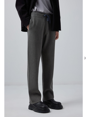 KUYIOU/一生褶 坑条纹提花羊毛松紧腰运动针织长裤男 K16