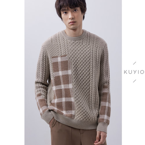 kuyiou设计师款重磅拼色绞花毛衣