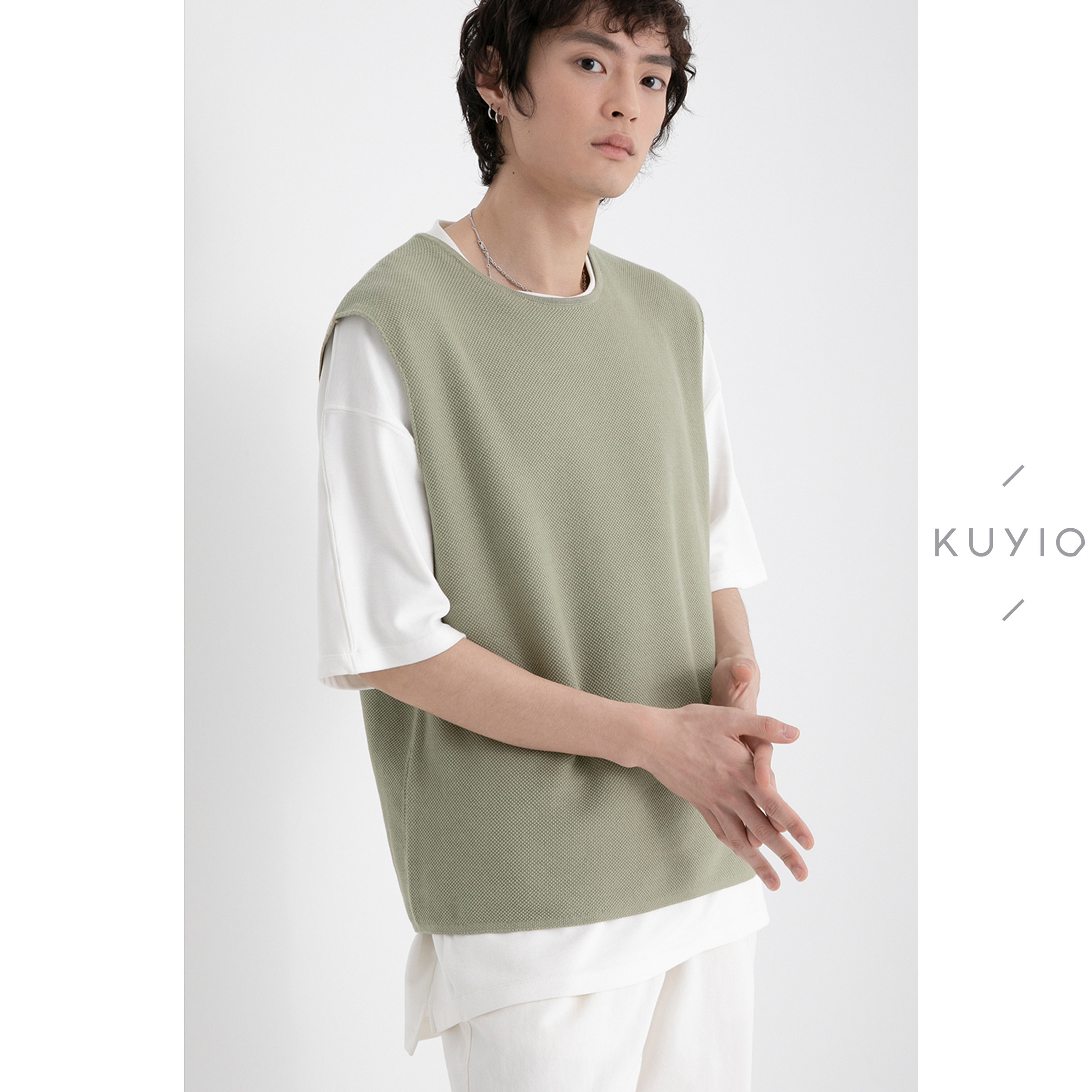 kuyiou/设计师款02pima匹马棉菠萝格提花宽松针织纯棉背心马甲男