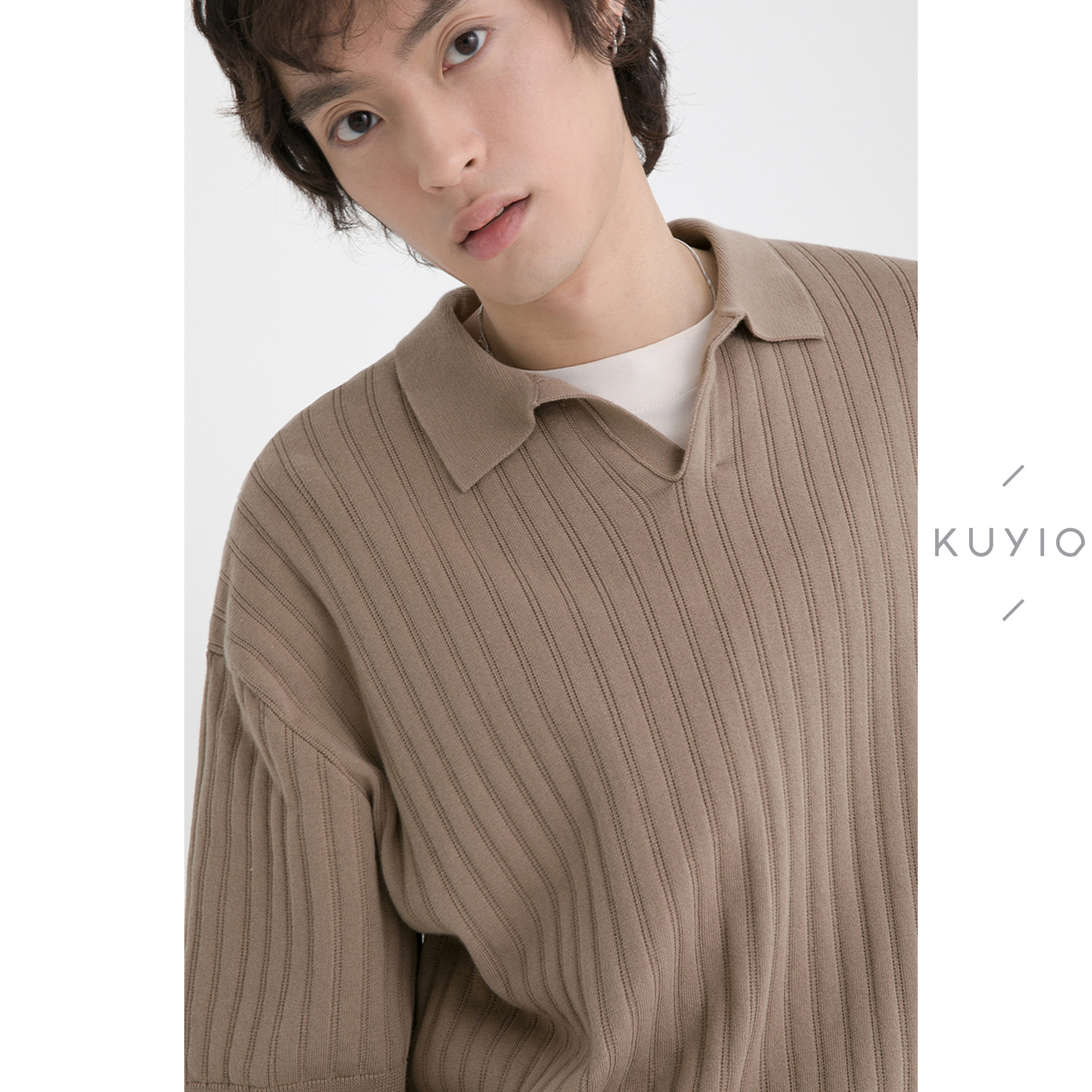 提花工艺针织落肩袖复古POLO衫