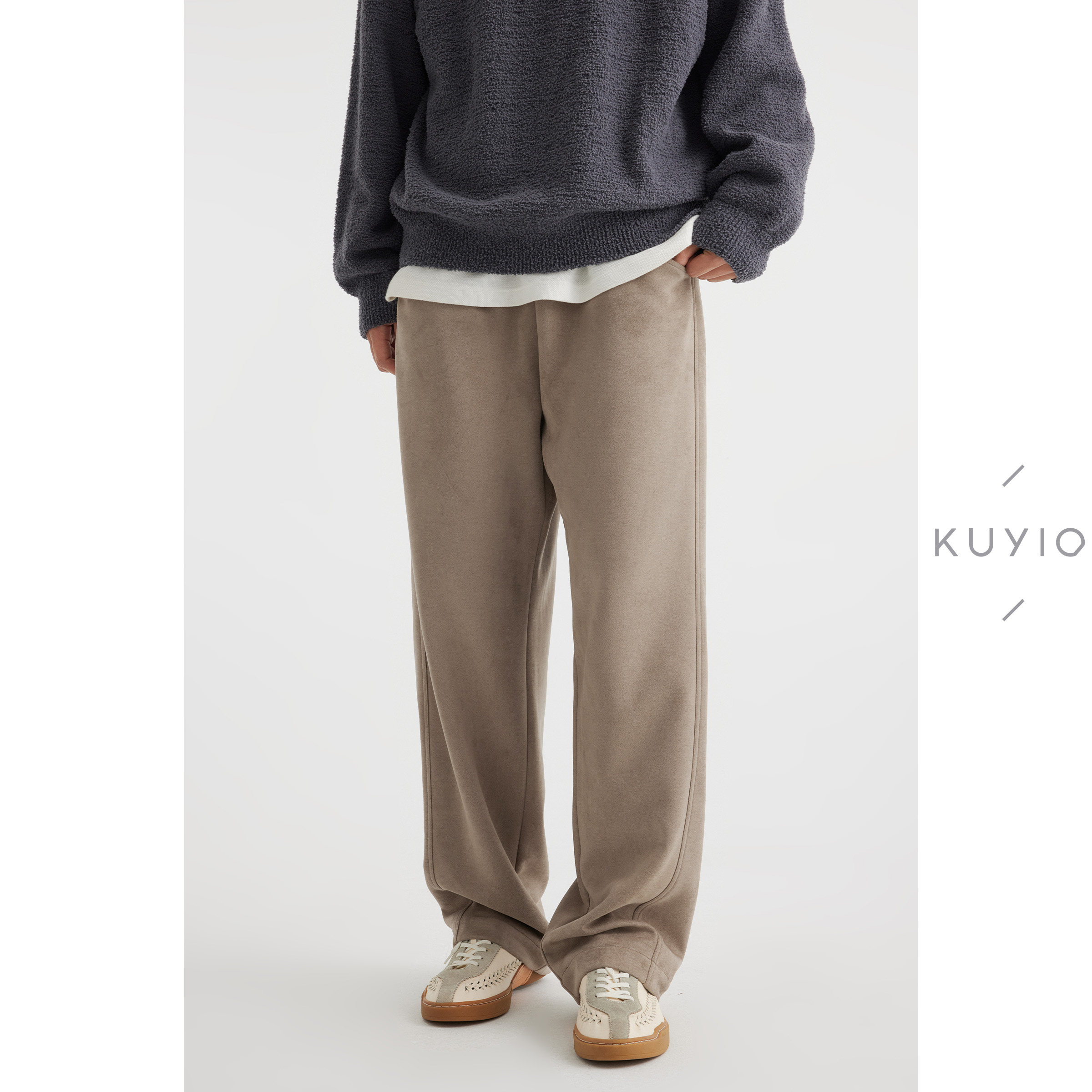 KUYIOU/针织软糯麂皮绒松紧腰抽绳宽松直筒运动基础休闲长裤男,男装,休闲裤,淘宝优惠券,粉丝福利购,淘宝优惠卷