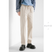KUYIOU K04 男 8oz骑兵斜纹 中缝踩线松紧腰抽绳宽松纯棉休闲长裤