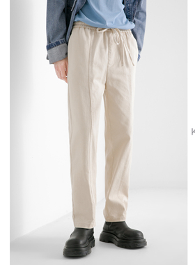 KUYIOU/8oz骑兵斜纹 中缝踩线松紧腰抽绳宽松纯棉休闲长裤男 K04