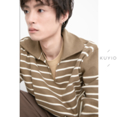 KUYIOU W01 横条纹纯棉宽松挺廓翻领针织套头卫衣男 法式 慵懒V领