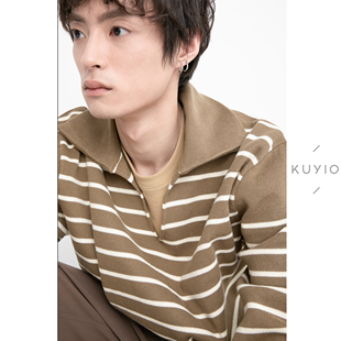 KUYIOU 慵懒V领 横条纹纯棉宽松挺廓翻领针织套头卫衣男 W01 法式