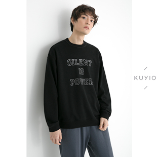 W04 毛圈磨毛罗纹领口宽松纯棉圆领卫衣男 KUYIOU 字母立体印花