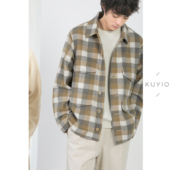 KUYIOU 设计师 加厚毛呢翻领多口袋复古格子挺廓羊毛夹克外套男