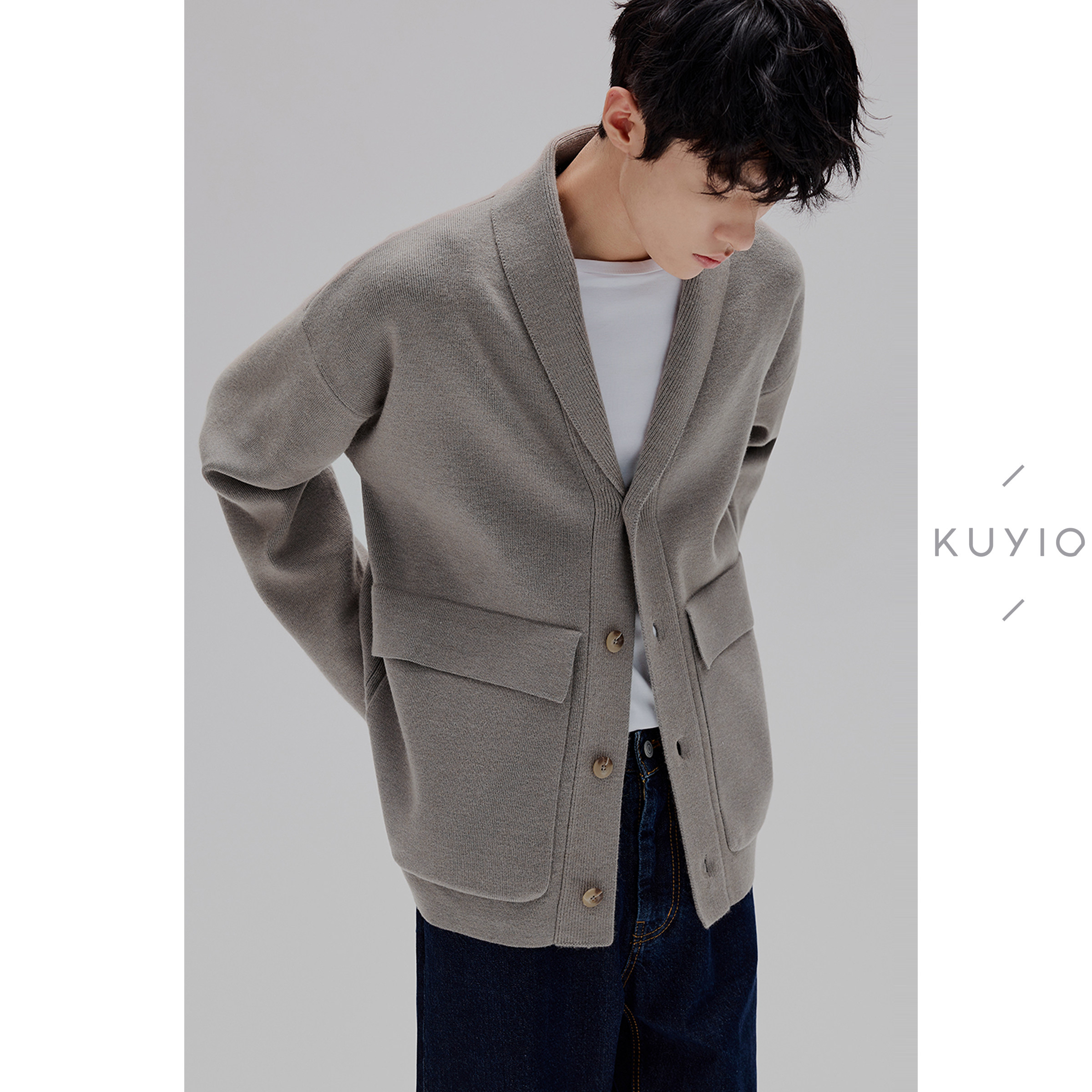 KUYIOU/奢品！驼绒+獭兔绒+100支羊毛 复古青果领针织开衫外套男