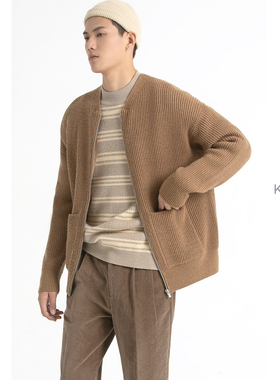 KUYIOU/设计师款 美利奴纯羊毛坑条纹韩版拉链针织毛衣开衫外套男