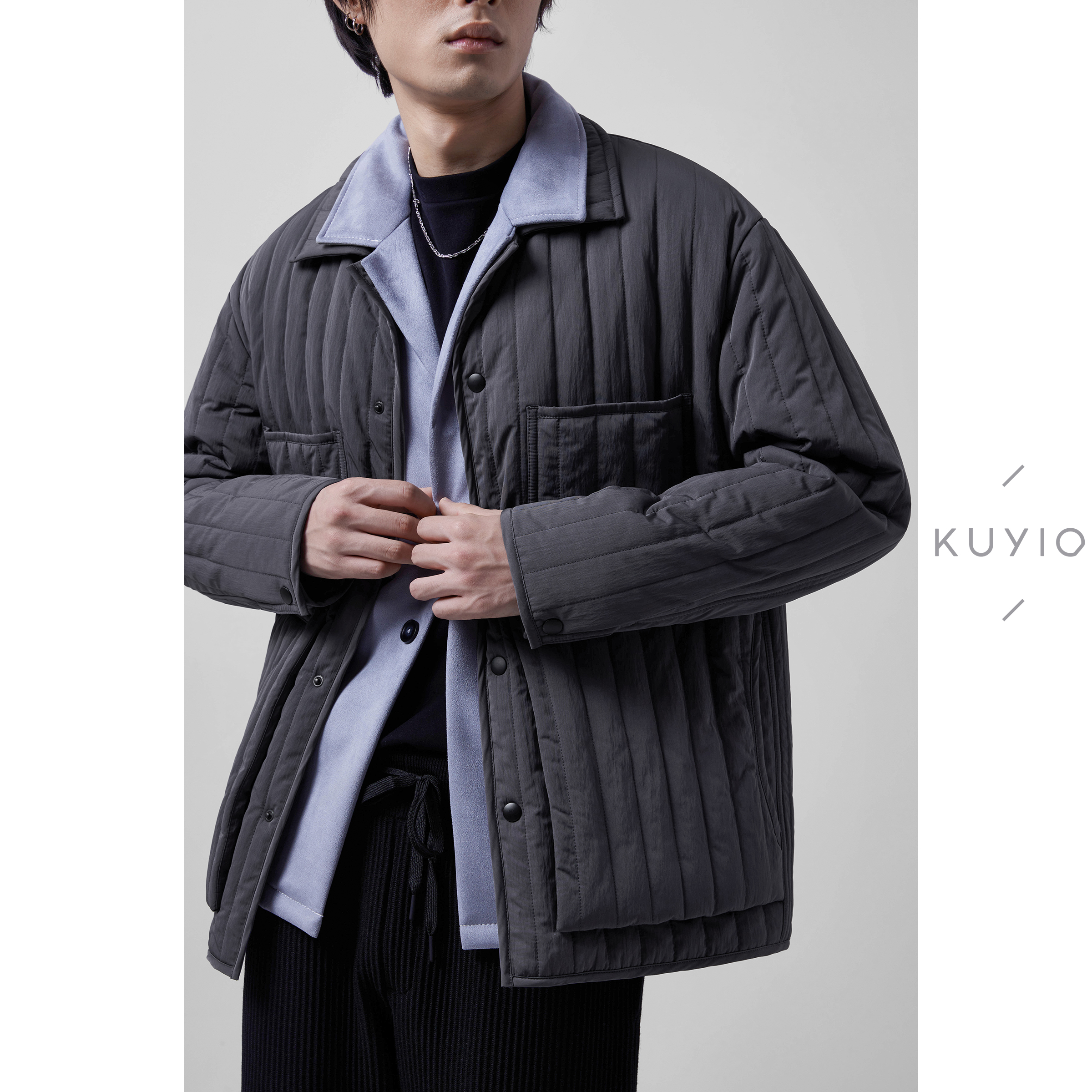 KUYIOU/慵懒法式棉衣 抗污防泼水多口袋条纹宽松衣棉夹克外套男