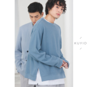 KUYIOU 高街叠穿神Tee 侧摆开叉华夫格纯棉落肩宽松圆领卫衣男