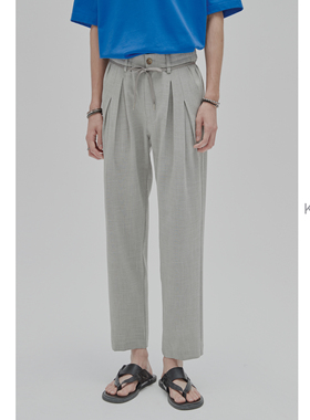 复古细腻竹节纹理 KUYIOU/外置抽绳松紧腰宽松休闲九分裤男 K61