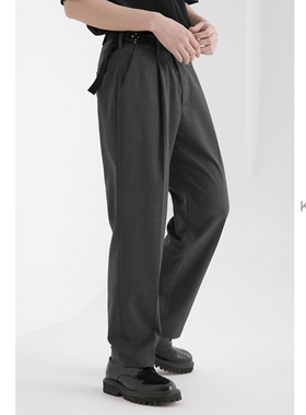 KUYIOU夏/登山扣件腰带 垂坠感单褶直筒宽松基础休闲西装长裤男