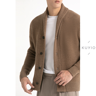 外套男 羊毛混纺菠萝格青果领柔软针织开衫 Z30 设计师款 KUYIOU