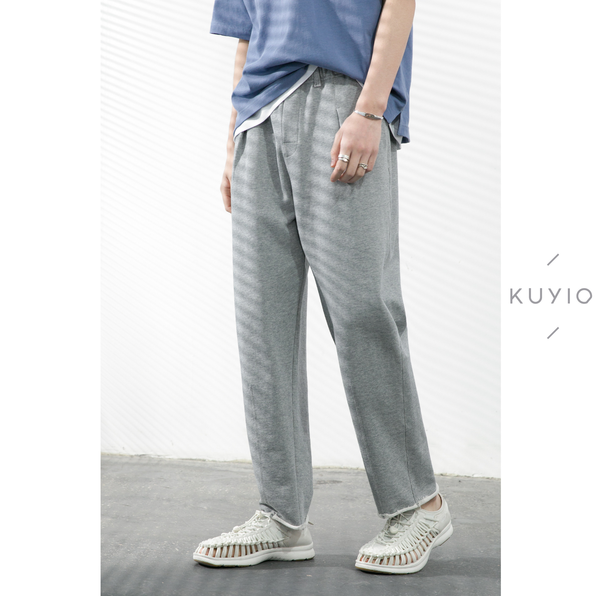 KUYIOU/对比色织毛边脚口 毛圈布松紧腰微锥形运动休闲长裤男,男装,休闲裤,淘宝优惠券,粉丝福利购,淘宝优惠卷