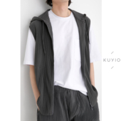 手工三次压褶皱宅男士 KUYIOU 一生褶 宽松连帽拉链背心外套马甲