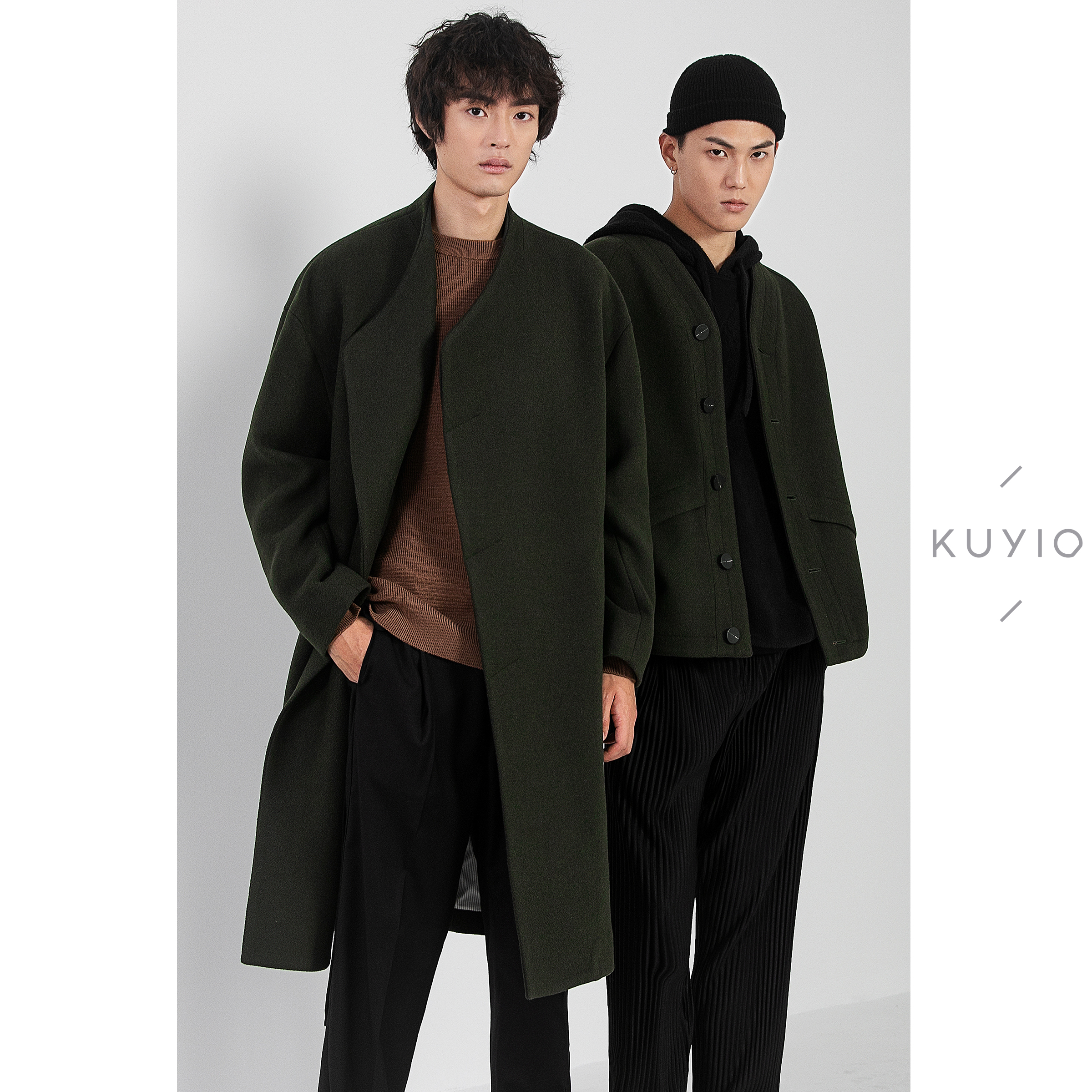 KUYIOU/重磅羊毛呢 日式和服道袍中长款挺廓道袍领毛呢大衣外套男