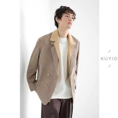 针织弹力麂皮对称斜门襟西装外套