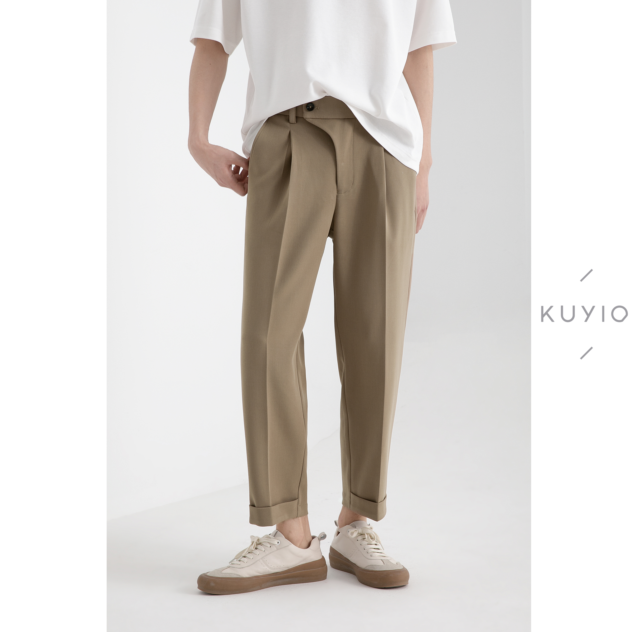 KUYIOU/弧形斜门襟 前脚口翻边后腰松紧垂顺单褶休闲西装九分裤男,男装,休闲裤,淘宝优惠券,粉丝福利购,淘宝优惠卷