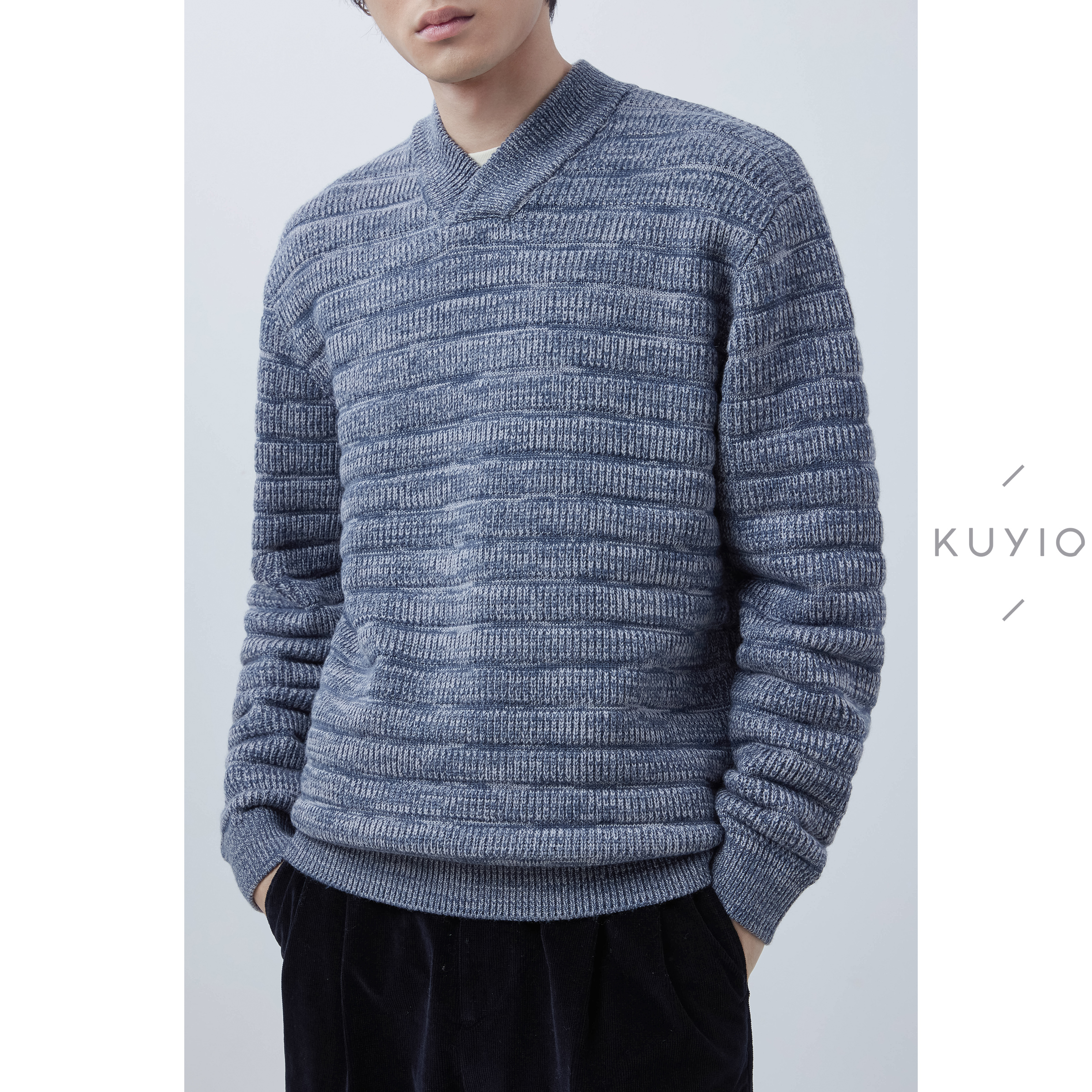 羊毛混纺条纹柔软V领加厚针织