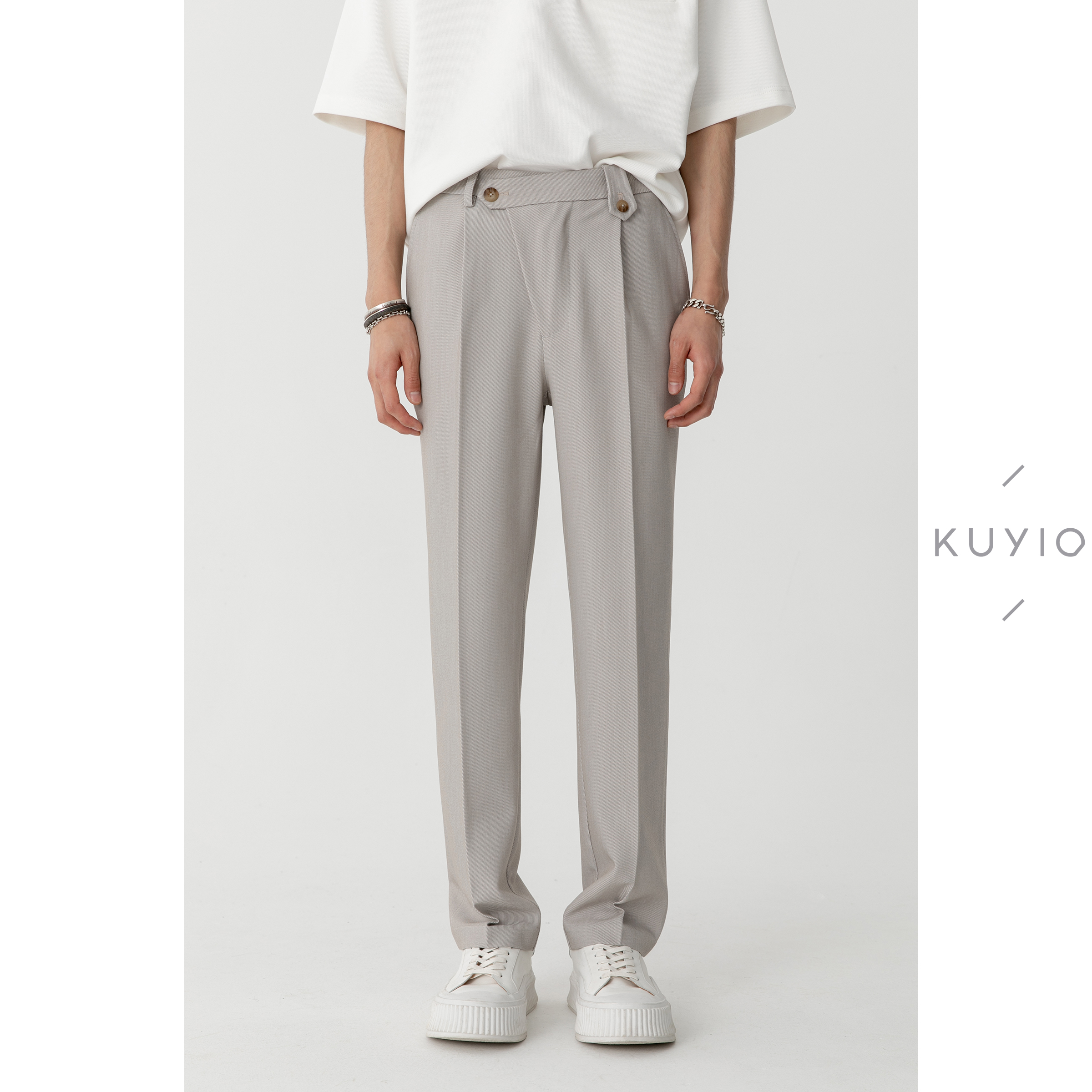 斜门襟设计斜纹直筒西装长裤