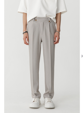 不对称斜门襟 KUYIOU/纽扣腰袢斜纹松紧腰直筒休闲西装长裤男 K46