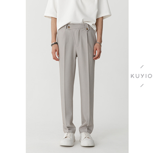 男 不对称斜门襟 长裤 纽扣腰袢斜纹松紧腰直筒休闲西装 K46 KUYIOU