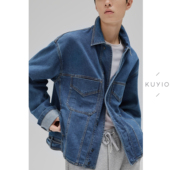 KUYIOU 多口袋牛仔夹克外套男 口复古水洗工装 地中海浪人 翻折袖
