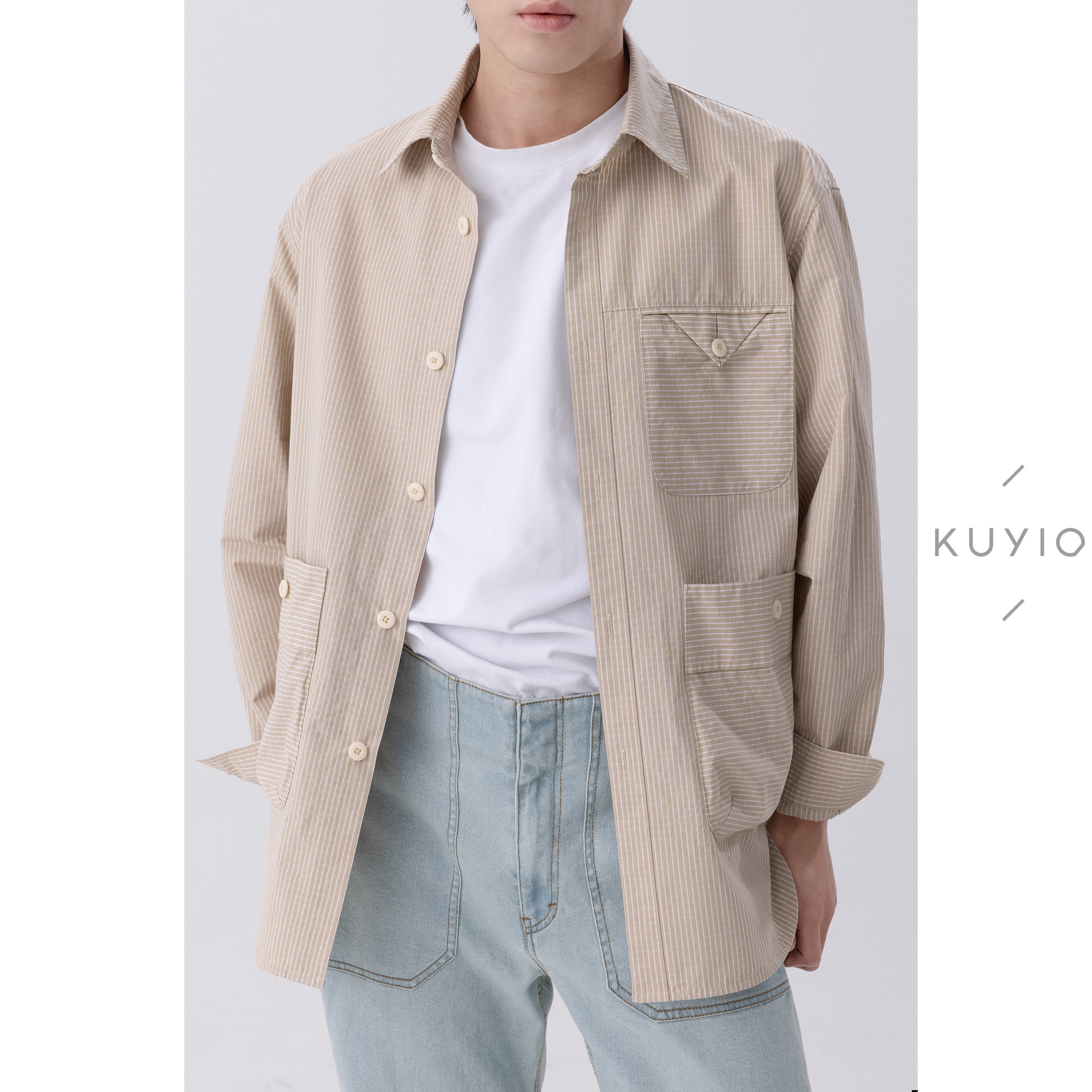 三角襟扣 KUYIOU/圆弧开叉下摆多口袋竖条纹翻领衬衫外套男 J27,男装,夹克,淘宝优惠券,粉丝福利购,淘宝优惠卷