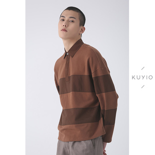 落肩袖 KUYIOU 领针织套衫 毛圈撞色横条纹拼接衬衫 卫衣男 设计师款