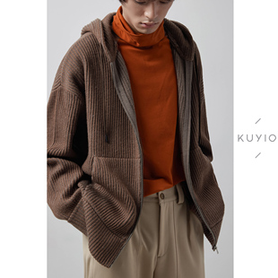 外套男 羊毛混纺连帽落肩重磅针织开衫 Z15 双色坑条纹提花 KUYIOU