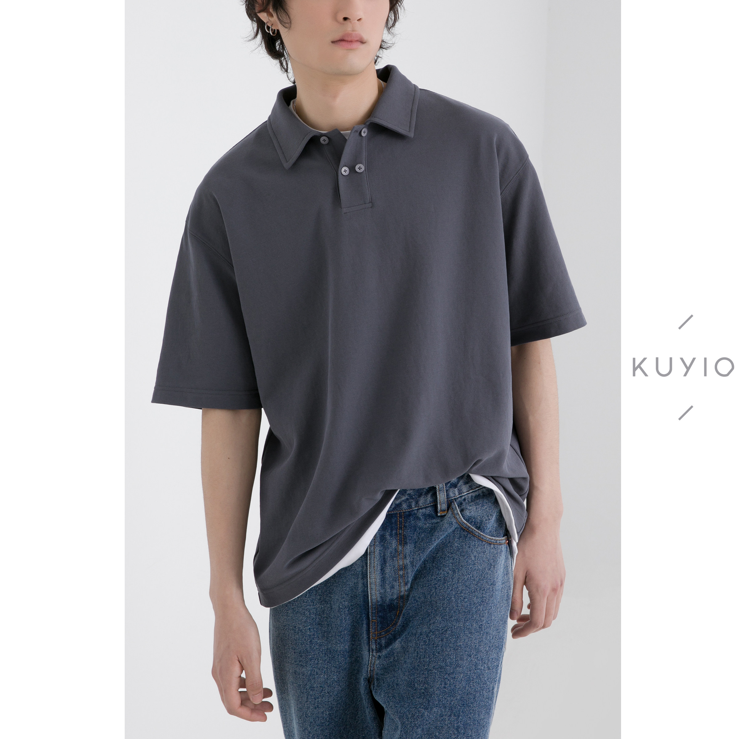 kuyiou夏/双排门襟 珠地网眼挺廓宽松落肩棉质短袖t恤polo衫男